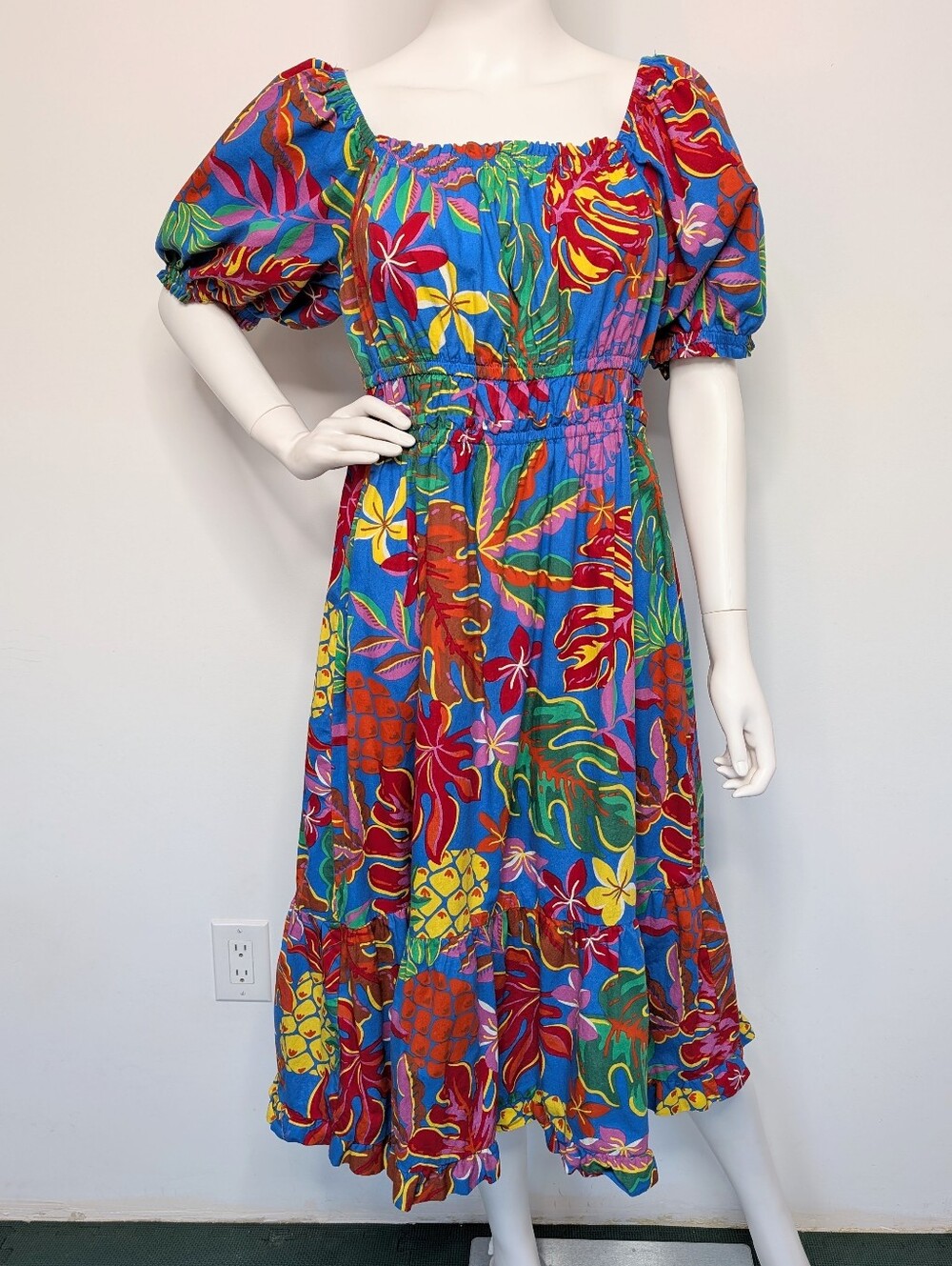 Multi Color Tropical Print Smocked Square Neck Puff Sleeve Tiered Midi Dress
